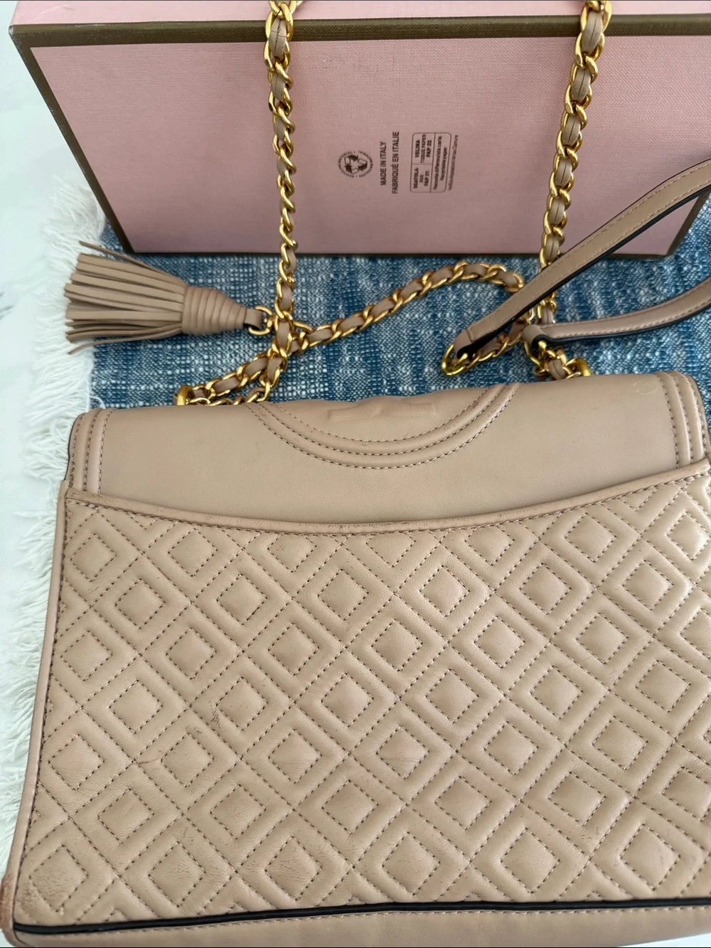 Tory Burch Quilted Blush Leather Shoulder Bag with Gold Chain
